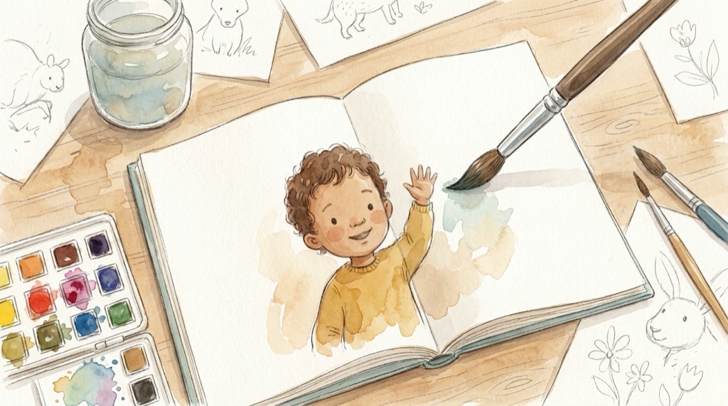 A watercolor brush painting a picture-book page starring the child