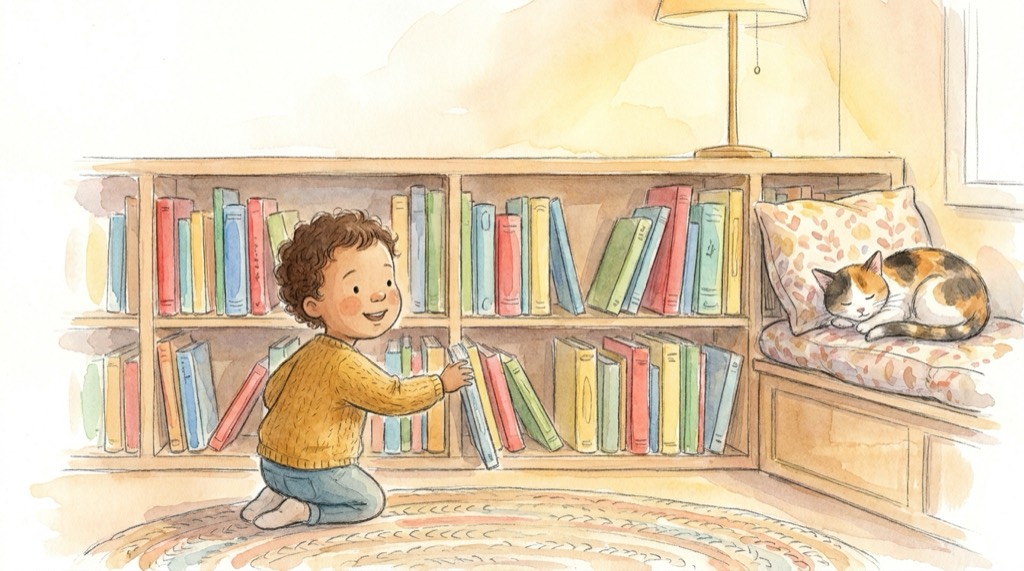 A child choosing a picture book from a cozy reading-corner shelf
